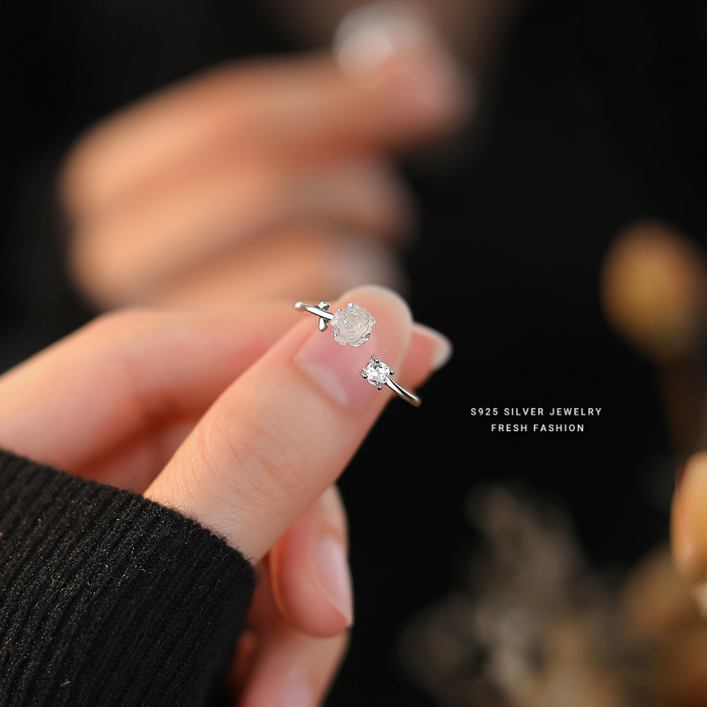 Brd Jewelry 925 Sterling Silver Natural Opal Rose & Diamond Adjustable Ring For Women & Girls : BRD1428K