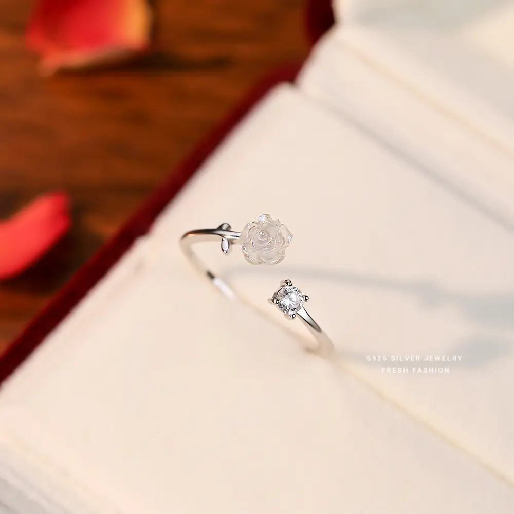 Brd Jewelry 925 Sterling Silver Natural Opal Rose & Diamond Adjustable Ring For Women & Girls