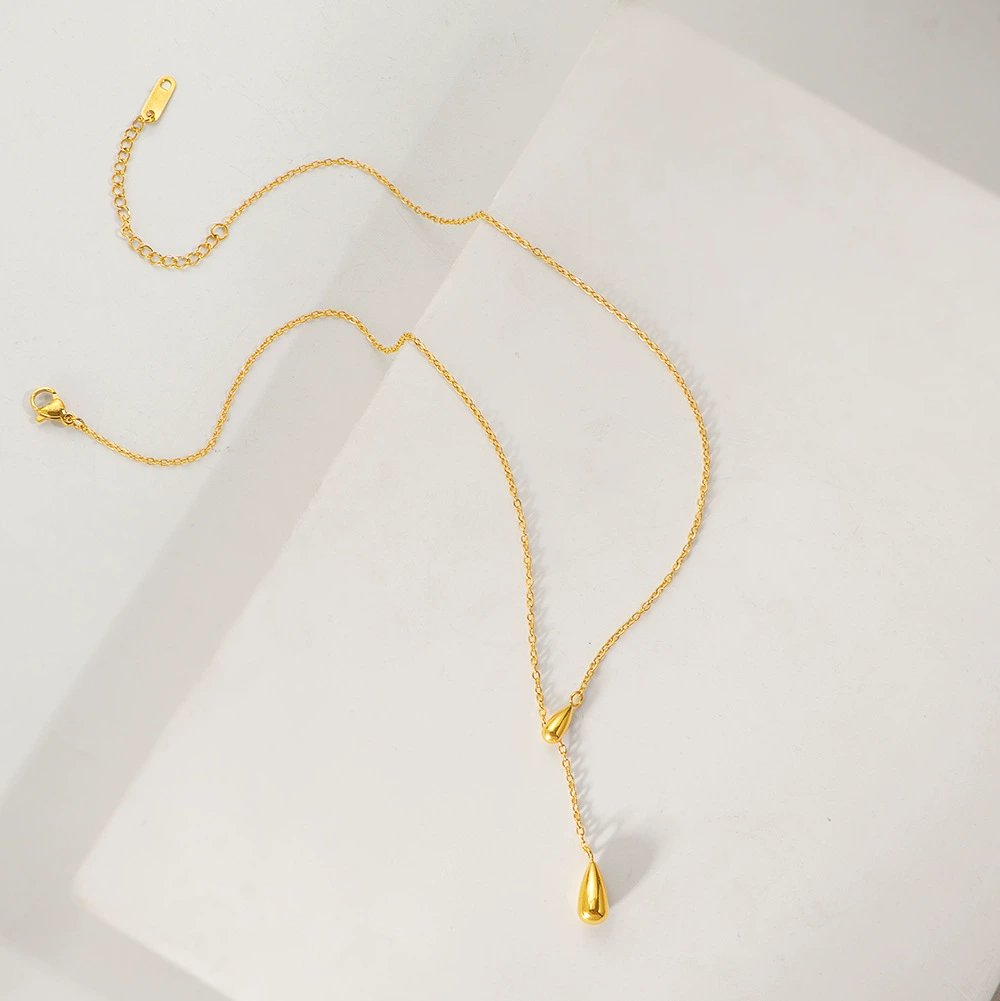 18K Plated Waterproof Anti-Tarnish Minimal Tear Drop Lariat Necklace : ALS0725N524G