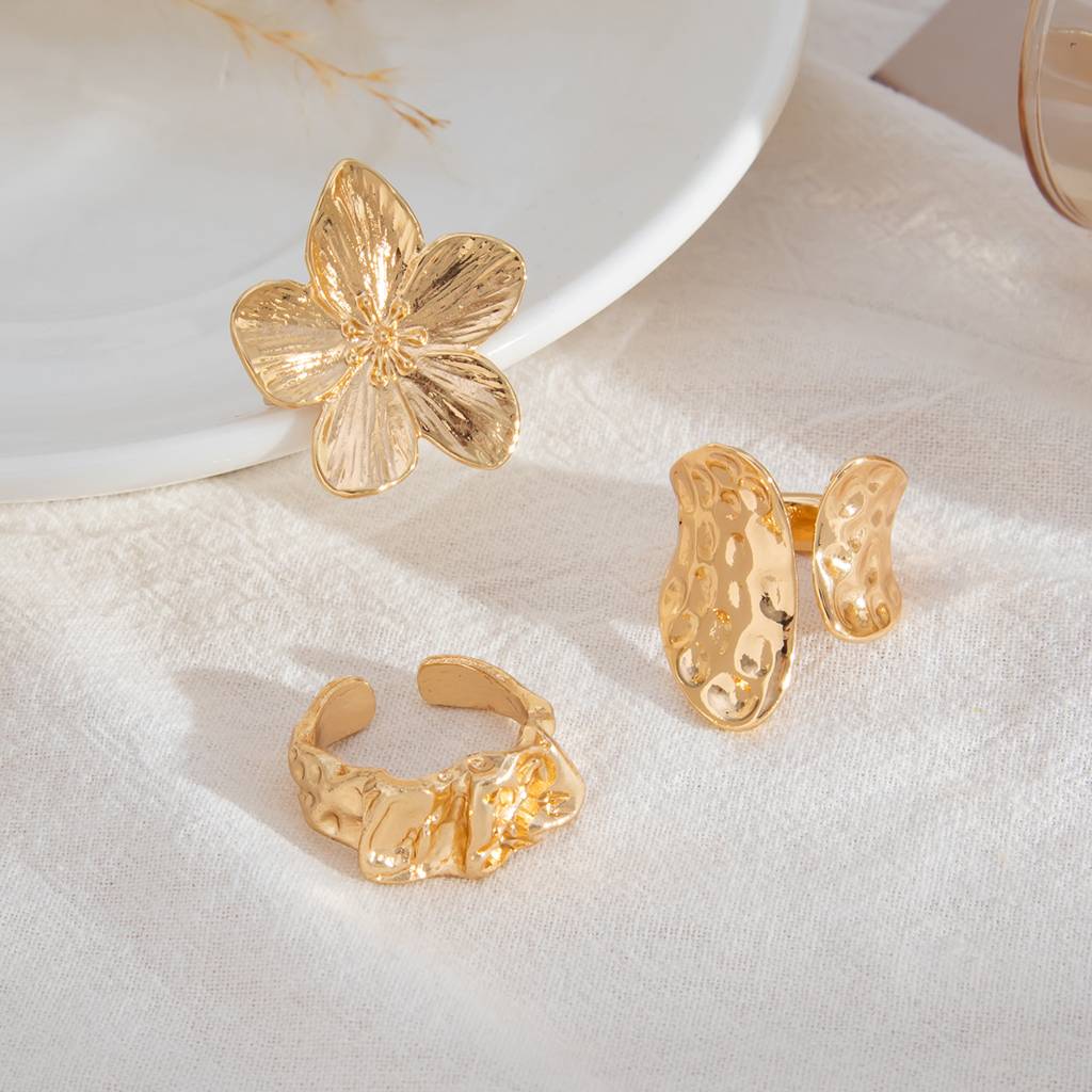 Gold Anti-Tranish Boho Textured Floral & Abstract Statement Stack Ring(Set Of 3) : ADN0525R130