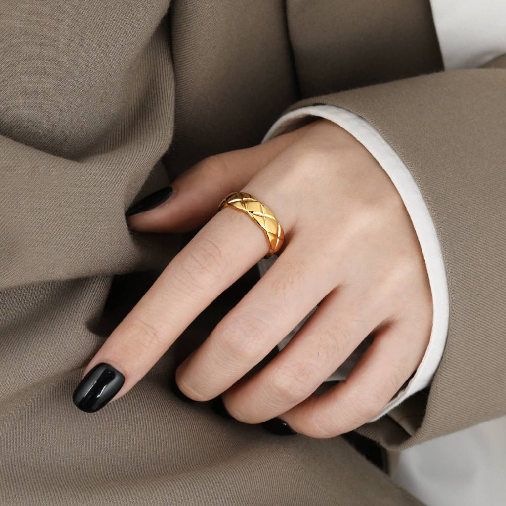 Mens 18K Gold Plated Waterproof Anti-Tarnish Quilt Design Ring : AFC0125R098N_6_M