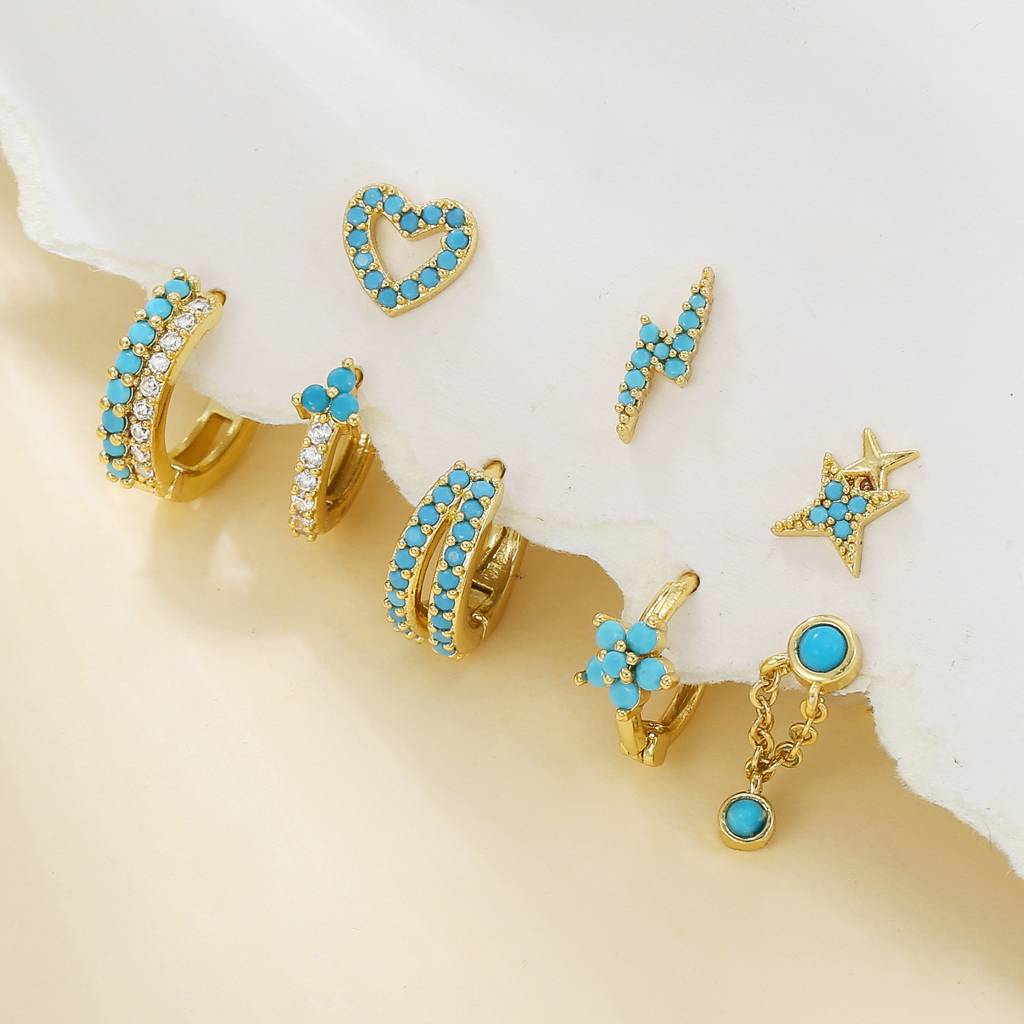Set Of 8 - 18K Plated Anti-Tarnish Blue Zircon Earring Set For Single Ear Only : AWU0125E544BL