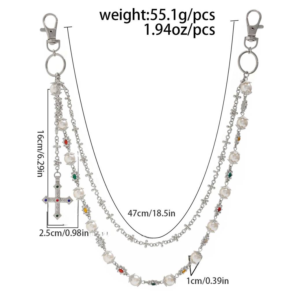 Mens Plated Anti-Tarnish Two Layer Rhinestone With Pearl Cross Pant Chain : ADN0825WC1728S_M