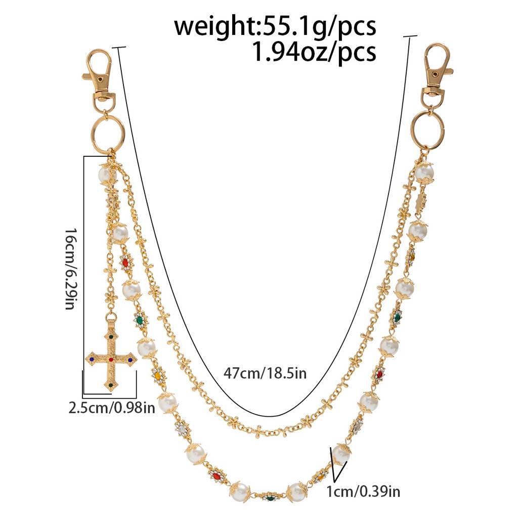 Plated Anti-Tarnish Two Layer Floral Rhinestone With Pearl Cross Pant Chain : ADN0825WC1728G