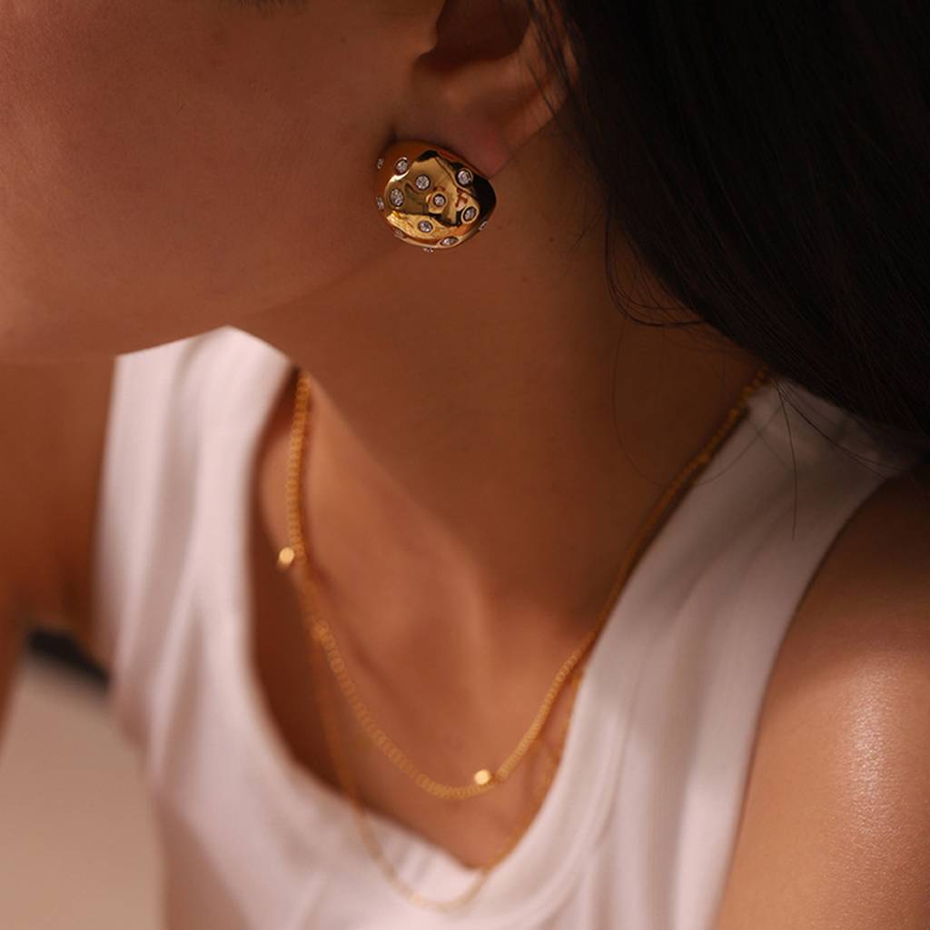 18K Gold Plated Waterproof Anti-Tarnish Round Zircon Dome Studs : ANX0125E100