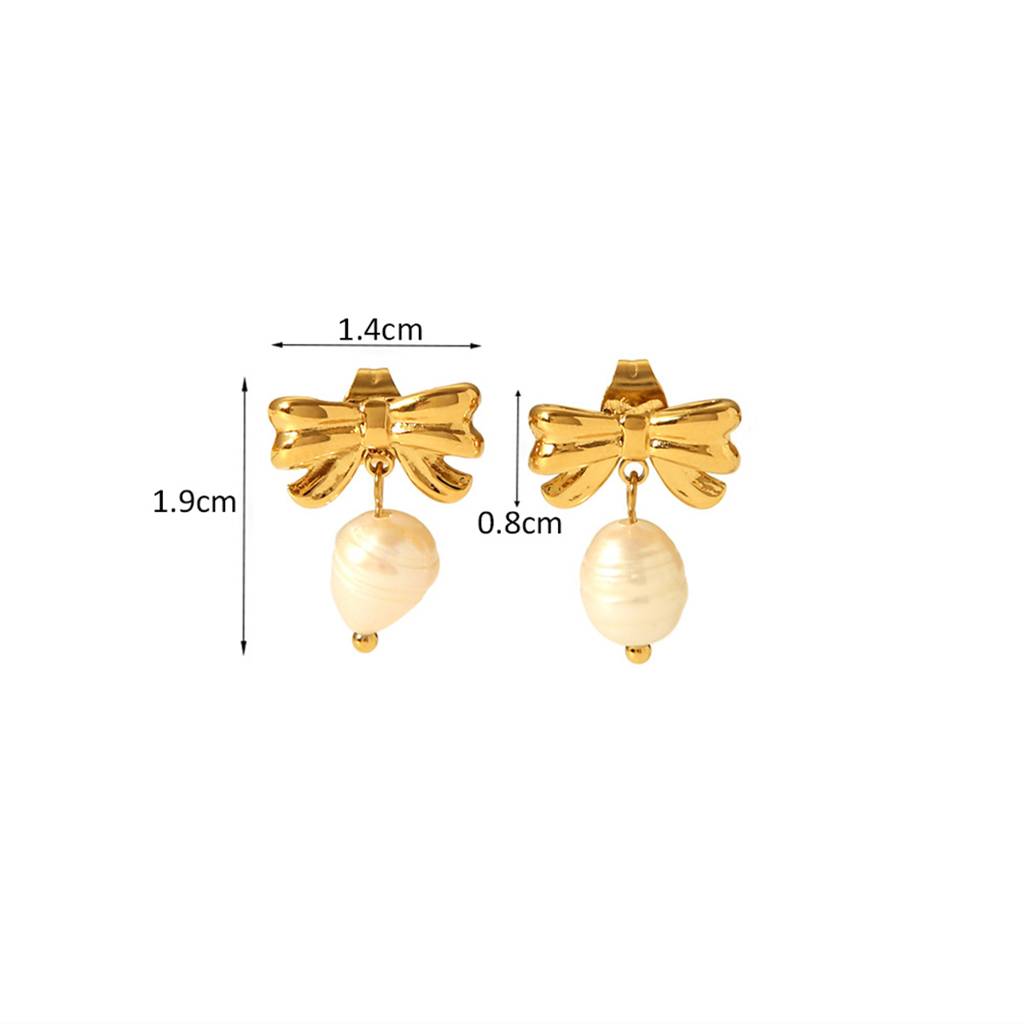 18K Gold Plated Waterproof Antitarnish Bow With Pearl Drop Stud Earrings : ANX0125E352