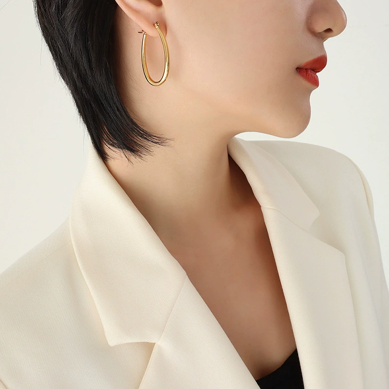 18K Gold Plated Waterproof Anti-Tarnish Oval Long Hoop Earrings : ALL0725E071