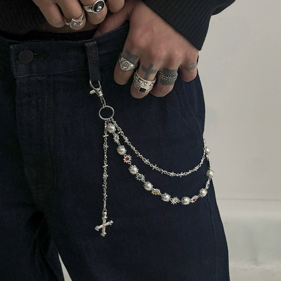 Plated Anti-Tarnish Two Layer Floral Rhinestone With Pearl Cross Pant Chain : ADN0825WC1728S