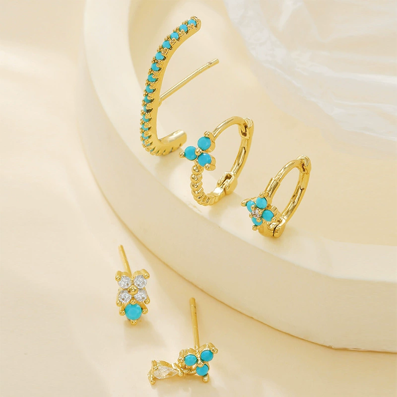 Set Of 5 18K Plated Antitarnish Blue Floral Earring Set For Single Ear Only : AWU0125E362BL