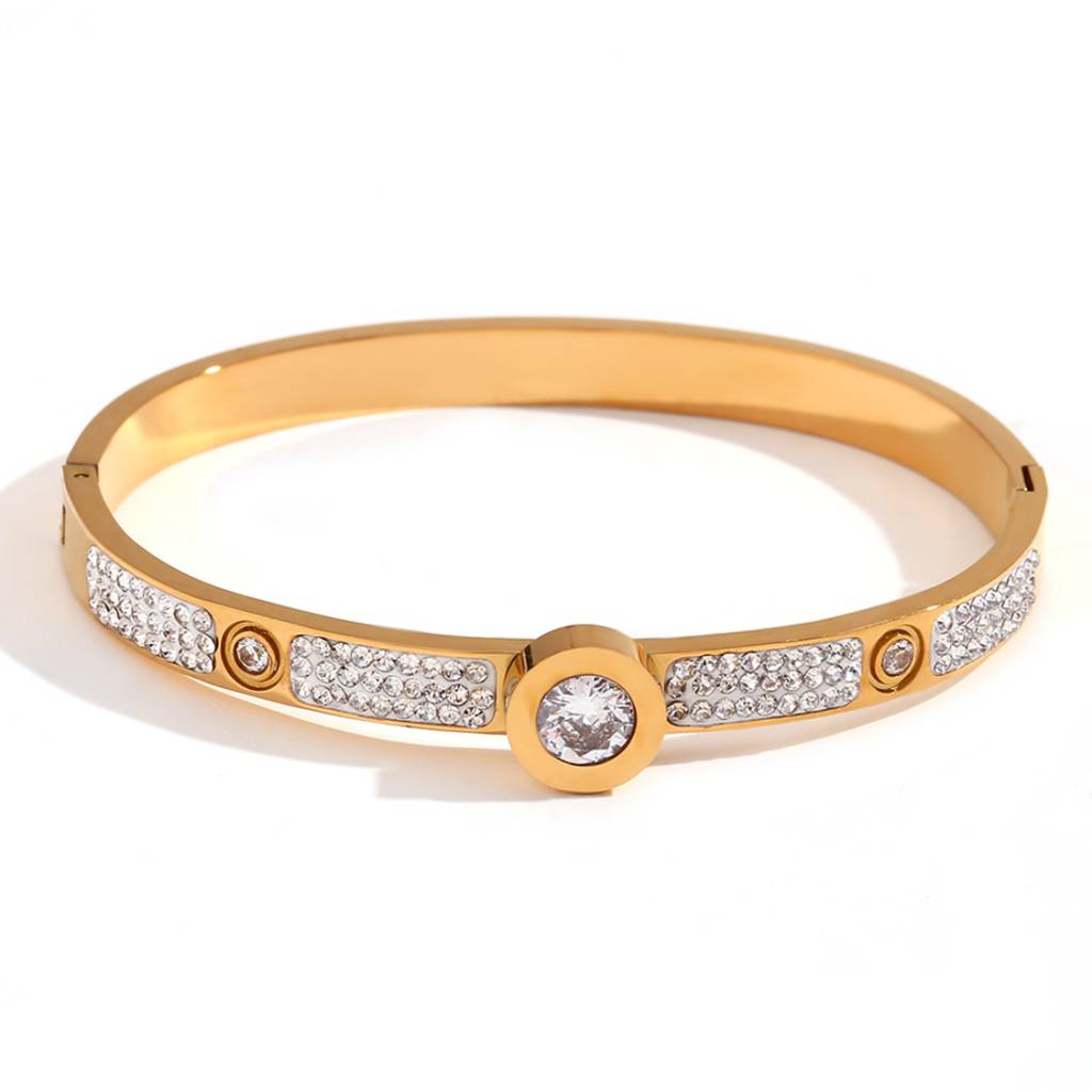 18K Gold Plated Waterproof Antitarnish Stainless Steel Zirconia Bangle Bracelet : AMG0624B422WH