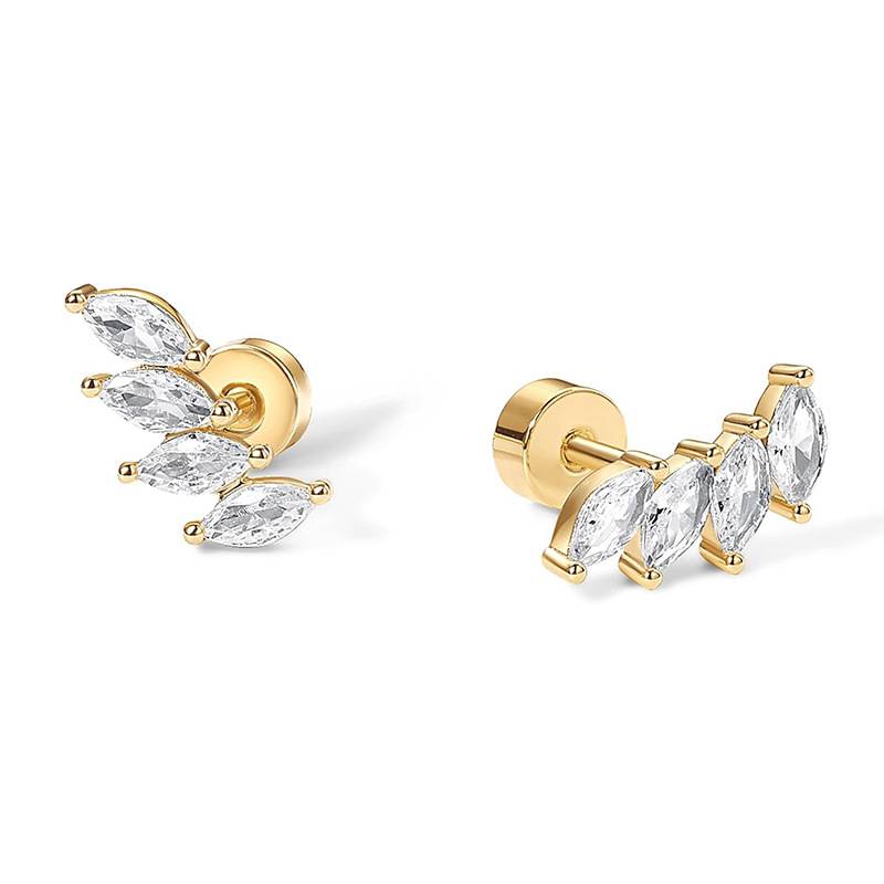 14K Gold Plated Anti-Tarnish 4 Leaf Zircon Flat Back Stud Earrings : AXY0925E1065