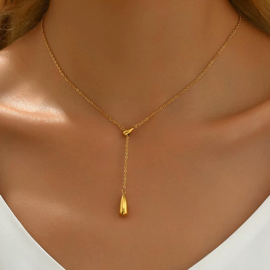 18K Plated Waterproof Anti-Tarnish Minimal Tear Drop Lariat Necklace : ALS0725N524G