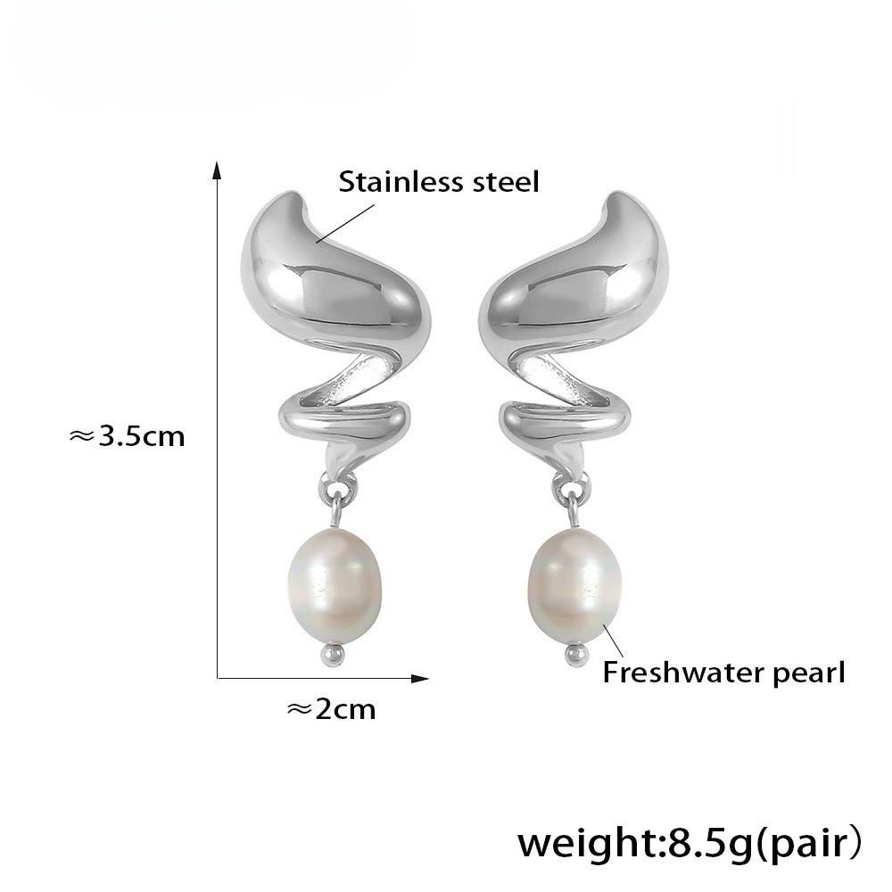 18K Plated Waterproof Anti-Tarnish Spiral Pearl Drop Earrings : ALL0725E584S