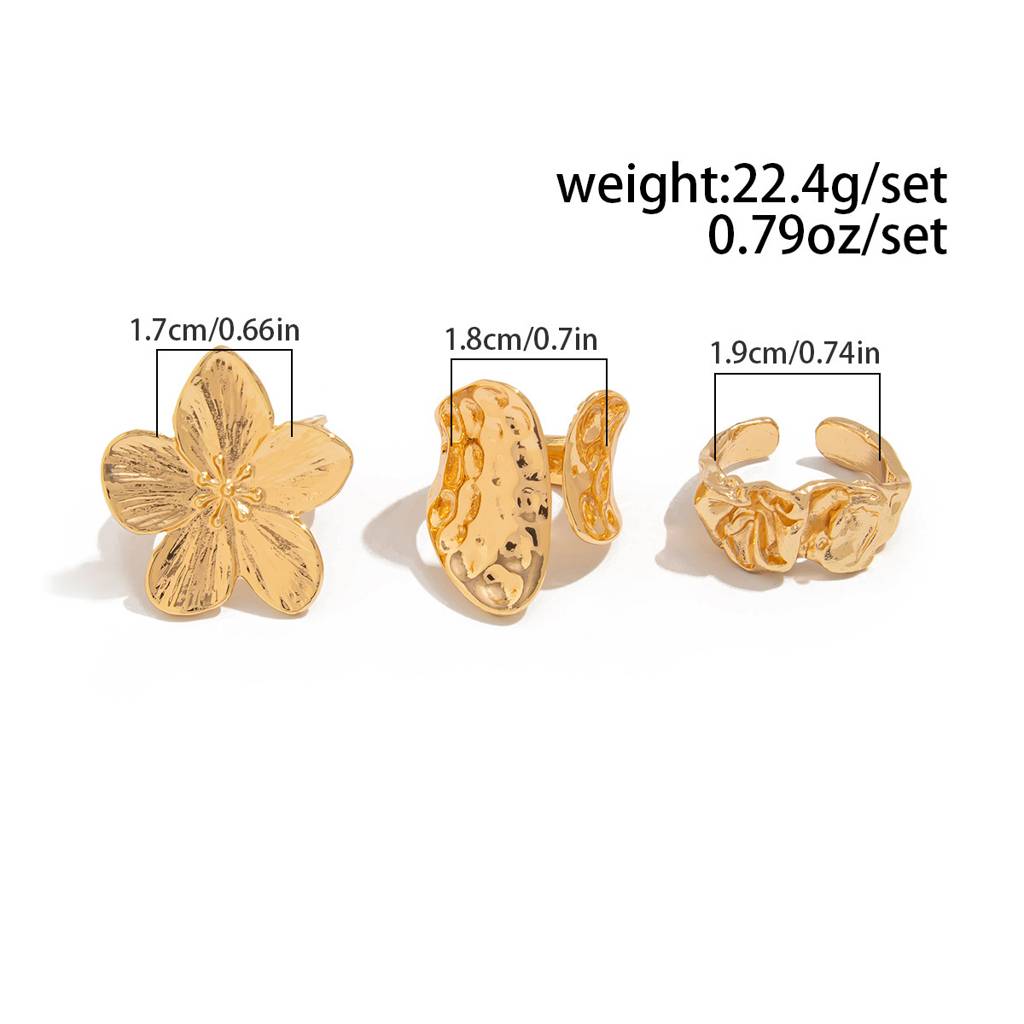 Gold Anti-Tranish Boho Textured Floral & Abstract Statement Stack Ring(Set Of 3) : ADN0525R130