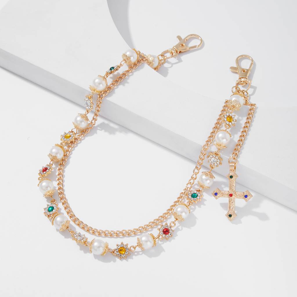 Mens Gold/Silver Plated Anti-Tarnish Two Layer Rhinestone With Pearl Cross Pant Chain : ADN0825WC1755G_M