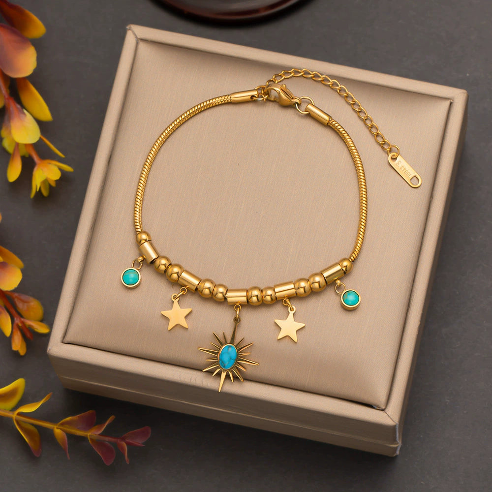 18K Gold Plated Anti-Tarnish Blue Star Drops Charm Bracelet : ATO0625B028GBL