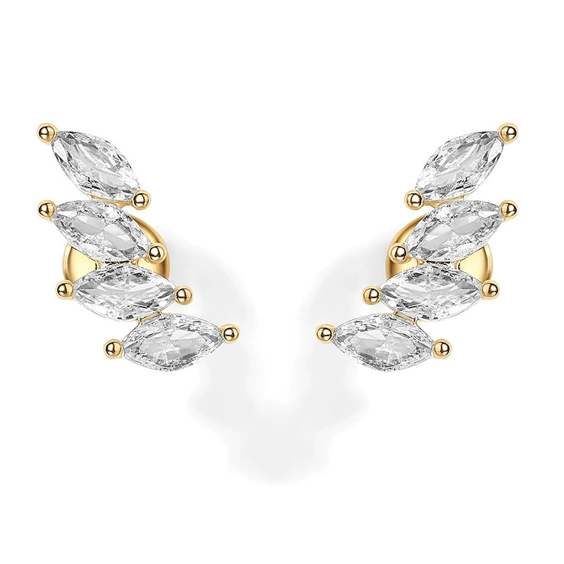 14K Gold Plated Anti-Tarnish 4 Leaf Zircon Flat Back Stud Earrings : AXY0925E1065