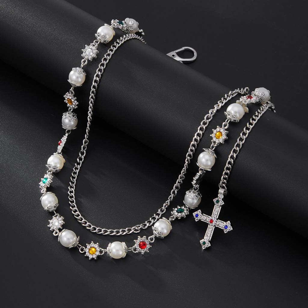 Gold/Silver Plated Anti-Tarnish Two Layer Floral Rhinestone With Pearl Cross Pant Chain : ADN0825WC1755S