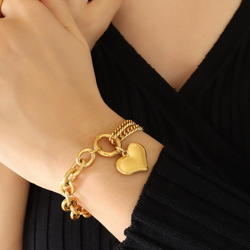 18K Gold Plated Waterproof Anti-Tarnish Heart Drop Chunky Chain Bracelet : ALL0725B120G