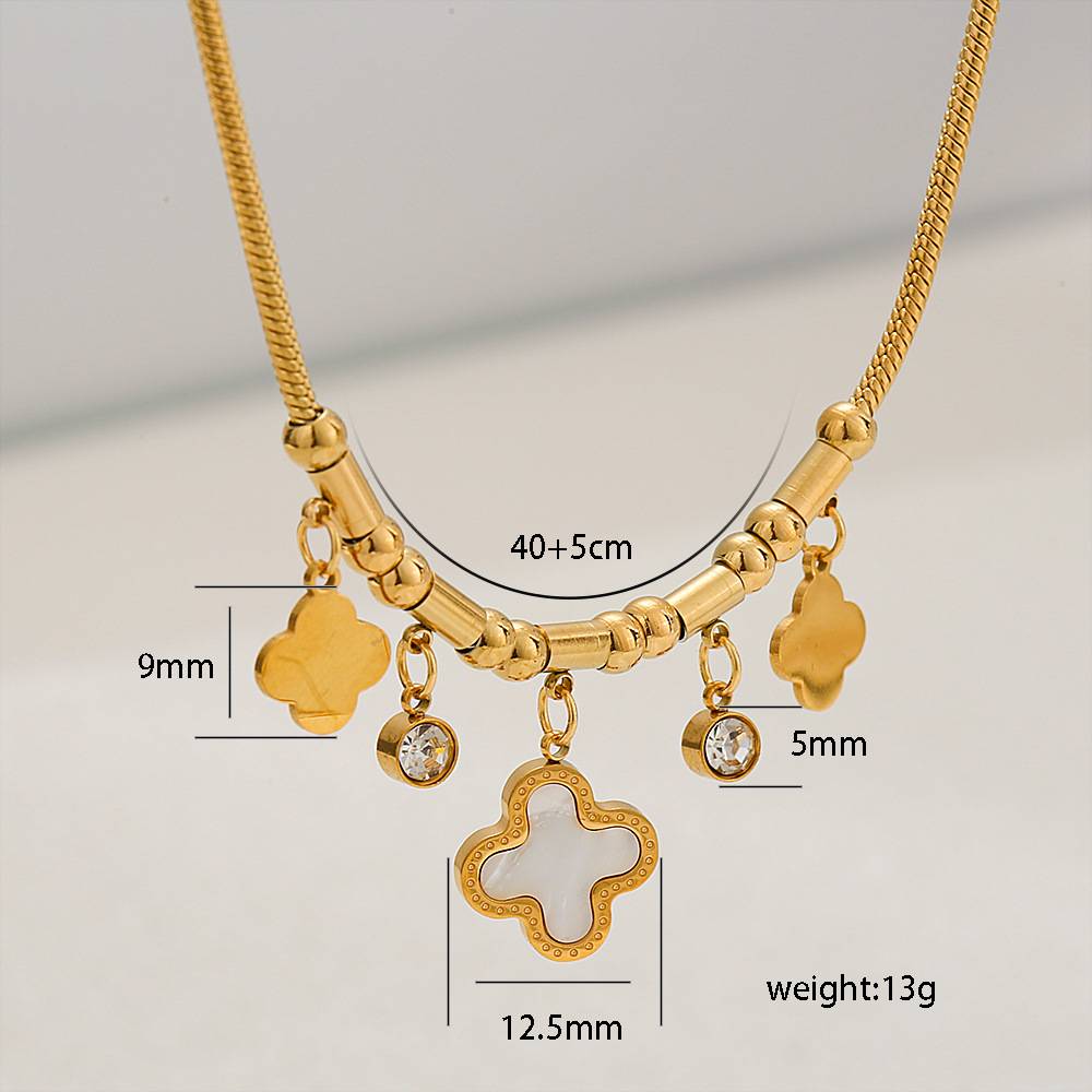 18K Gold Plated Anti-Tarnish White Clover And Zircon Drops Charm Necklace : ATO0625N026GWH