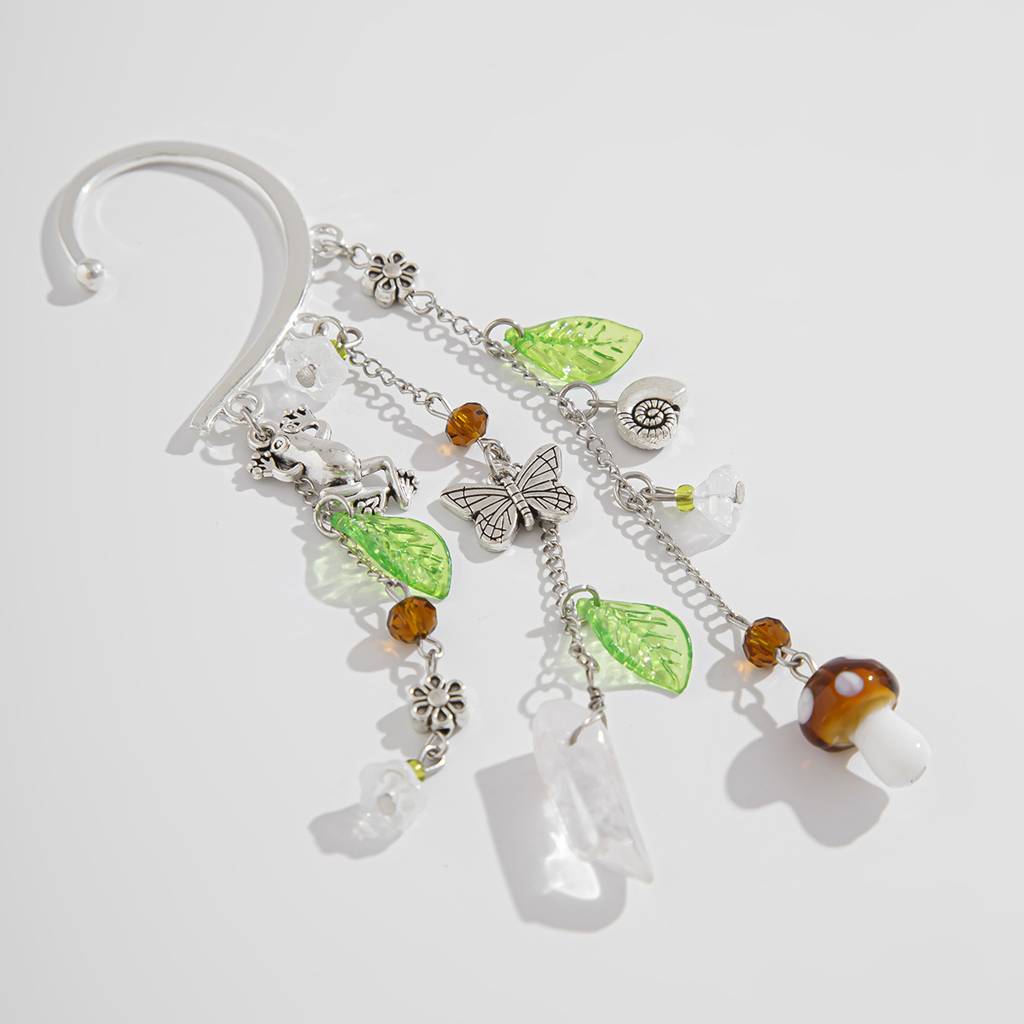 Silver Plated Hanging Bohemian Mushroom Tassel Cuff Earring | No Ear Piercing Earring : ADN0525E321