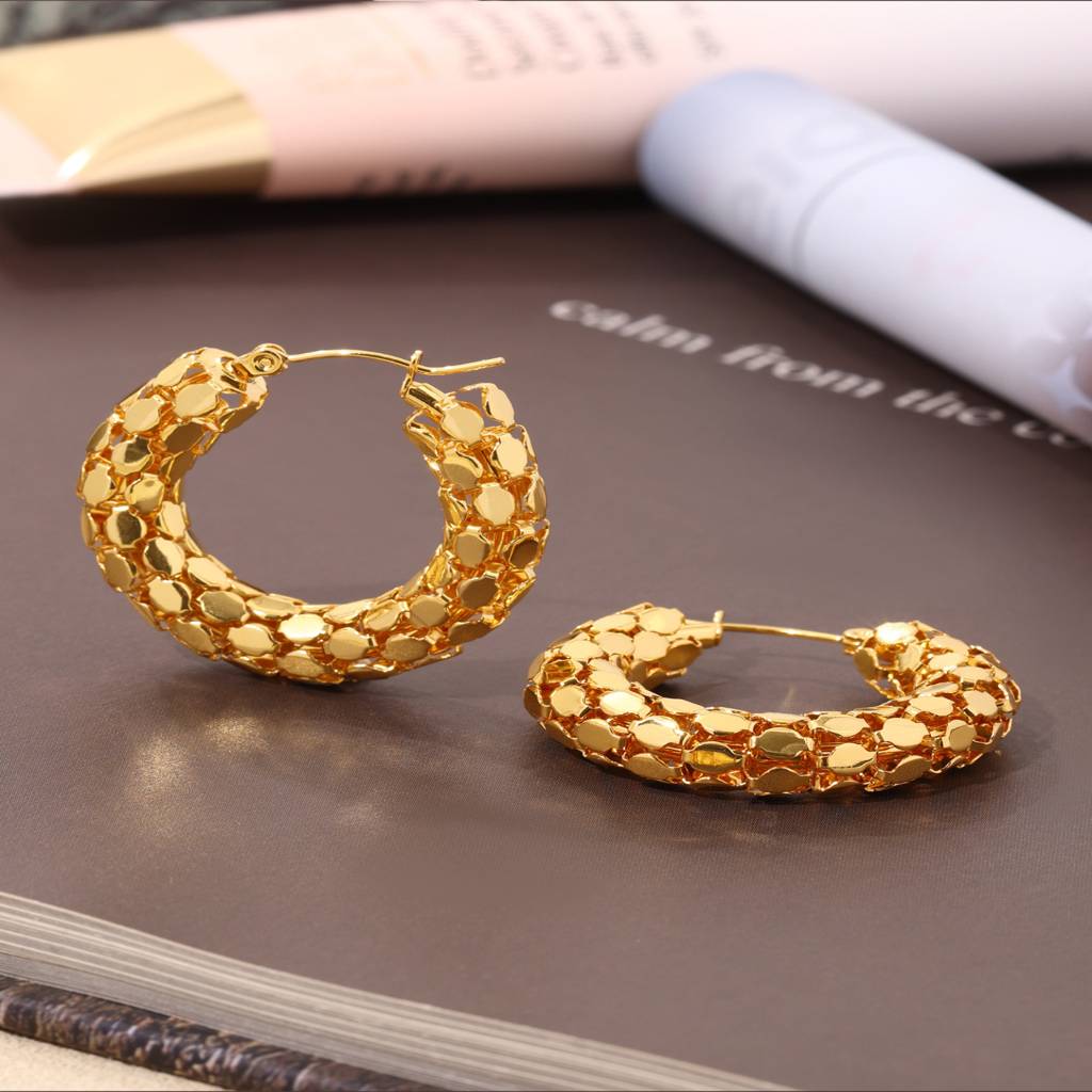 18K Gold Plated Waterproof Anti-Tarnish Fish Scale Chunky Hoop Earrings : ALL0725E535