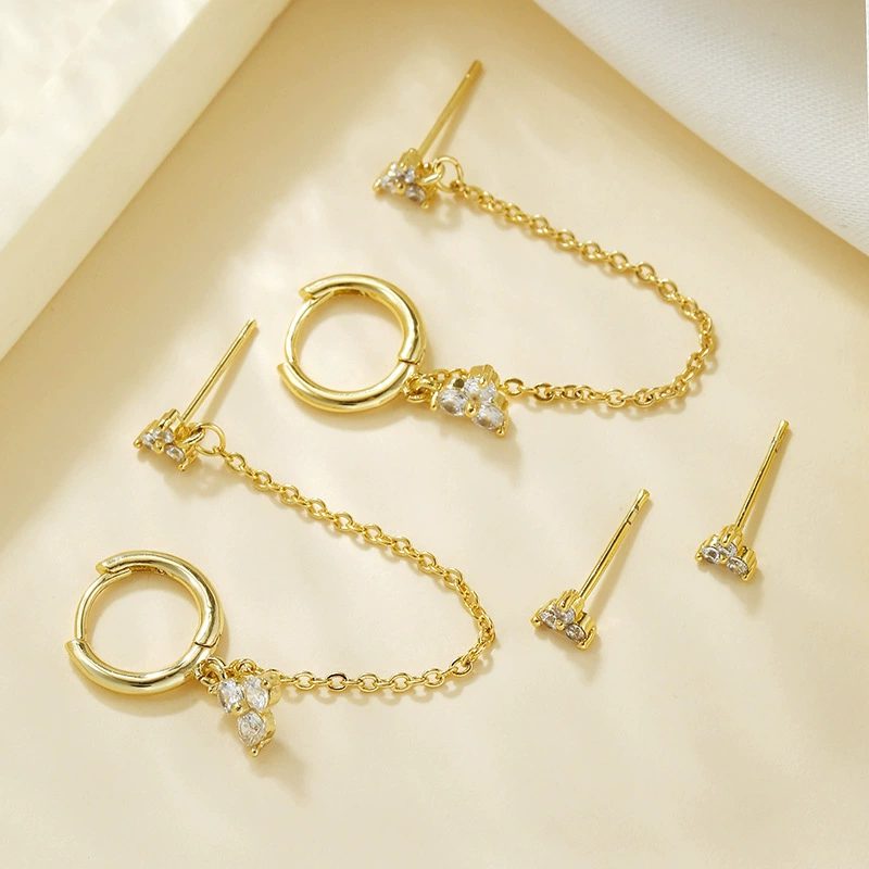 18K Gold Plated Anti-Tarnish White Zircon Ear Chain Earring Set : AWU0125E436