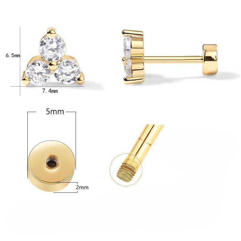 14K Gold Plated Anti-Tarnish  3 Diamond Zircon Flat Back Stud Earrings : AXY0925E1069