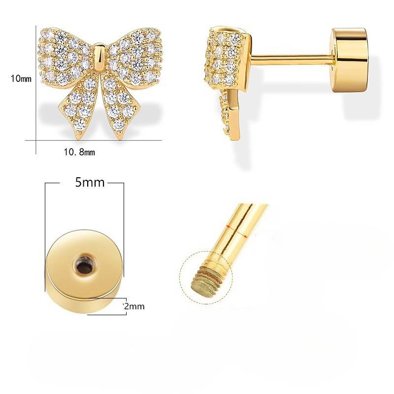 14K Gold Plated Anti-Tarnish Bow Zircon Flat Back Stud Earrings : AXY0925E1076