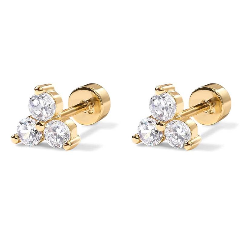 14K Gold Plated Anti-Tarnish  3 Diamond Zircon Flat Back Stud Earrings : AXY0925E1069