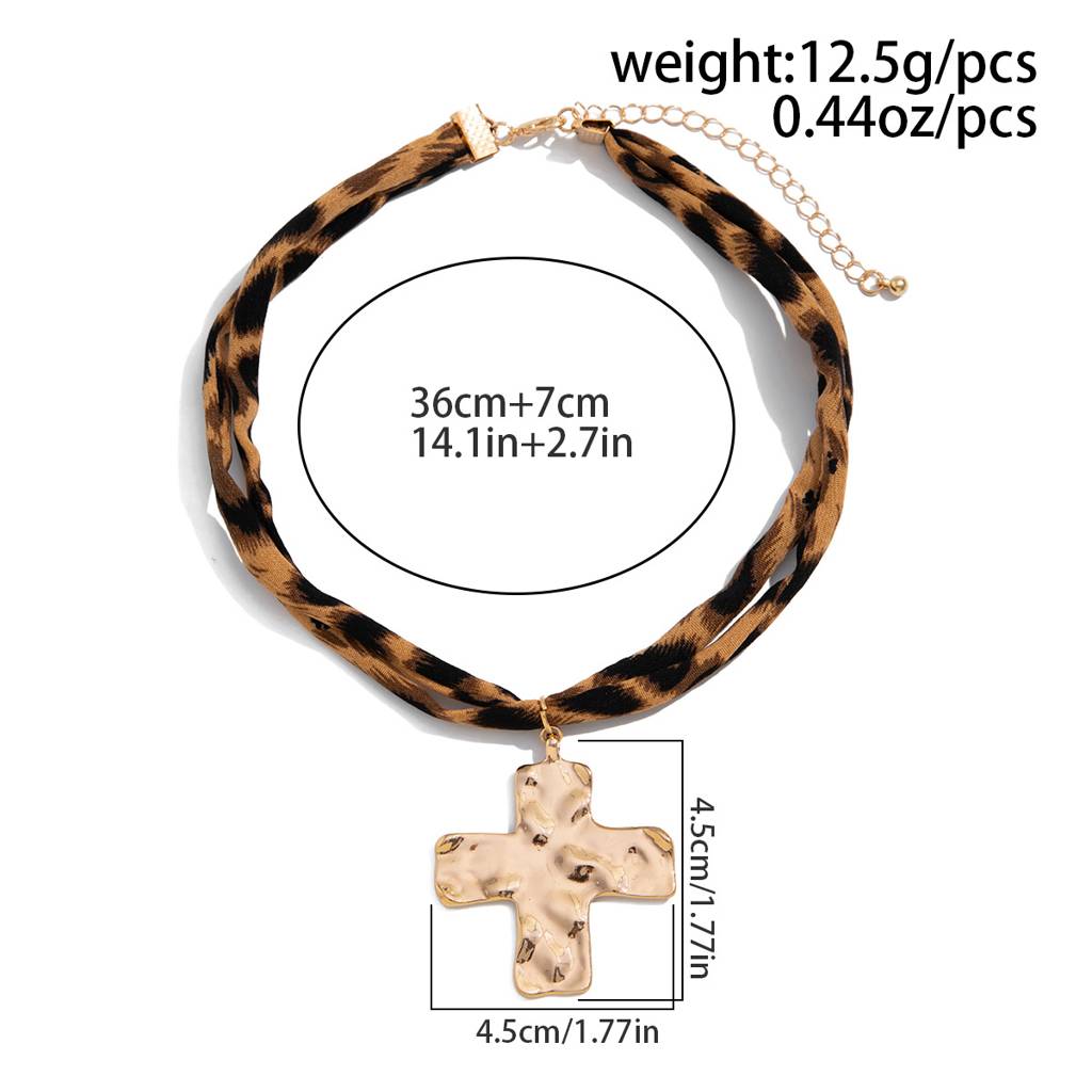 Boho Style Leopard Print Fabric And Hammered Cross Pendant Necklace : ADN0525N7100CR