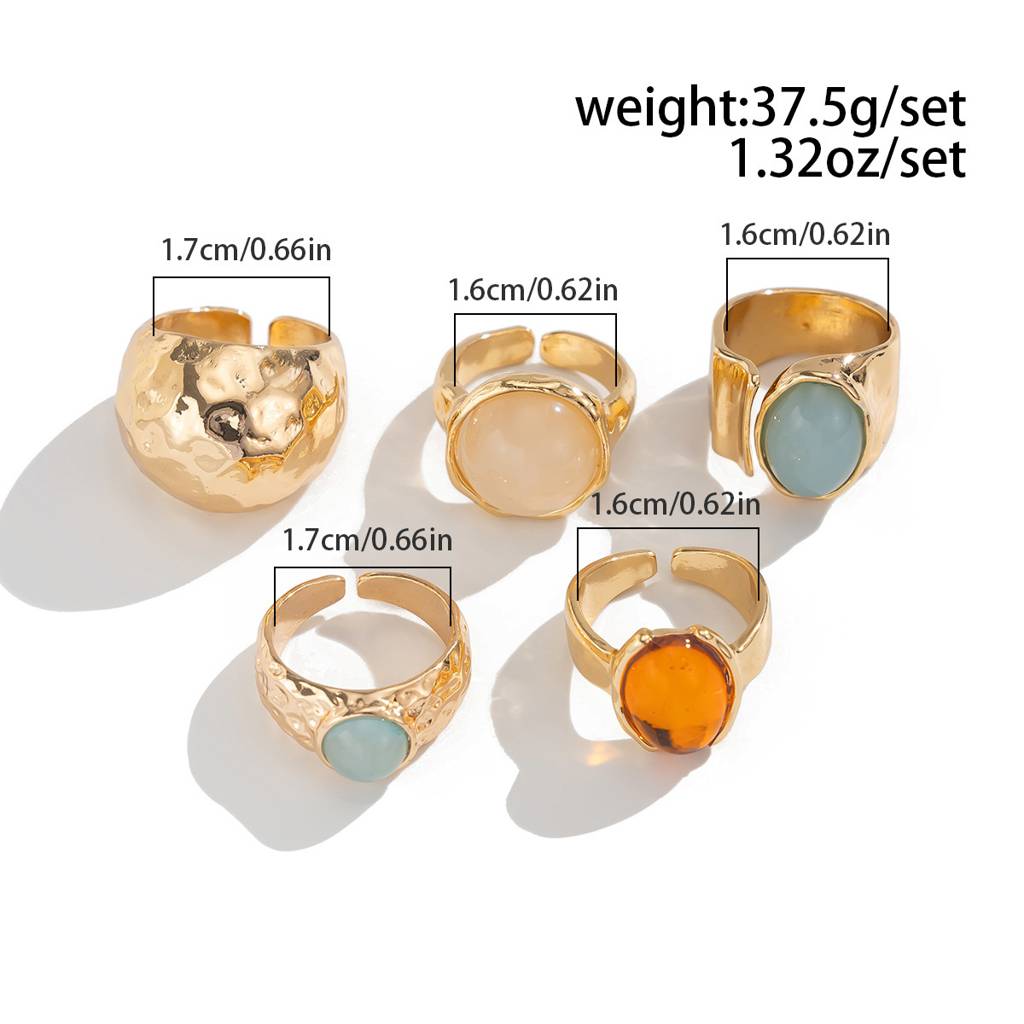 Gold Anti-Tarnish Multicolor Gemstone Hammered Statement Stack Rings(Set Of 5) : ADN0525R803