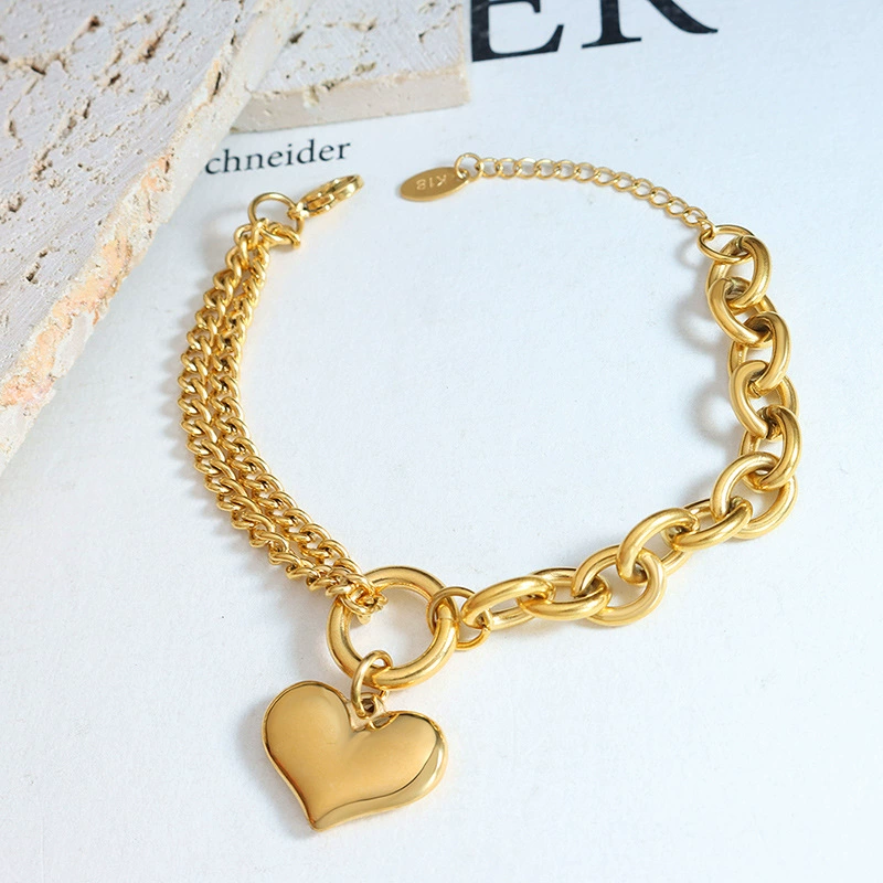 18K Gold Plated Waterproof Anti-Tarnish Heart Drop Chunky Chain Bracelet : ALL0725B120G