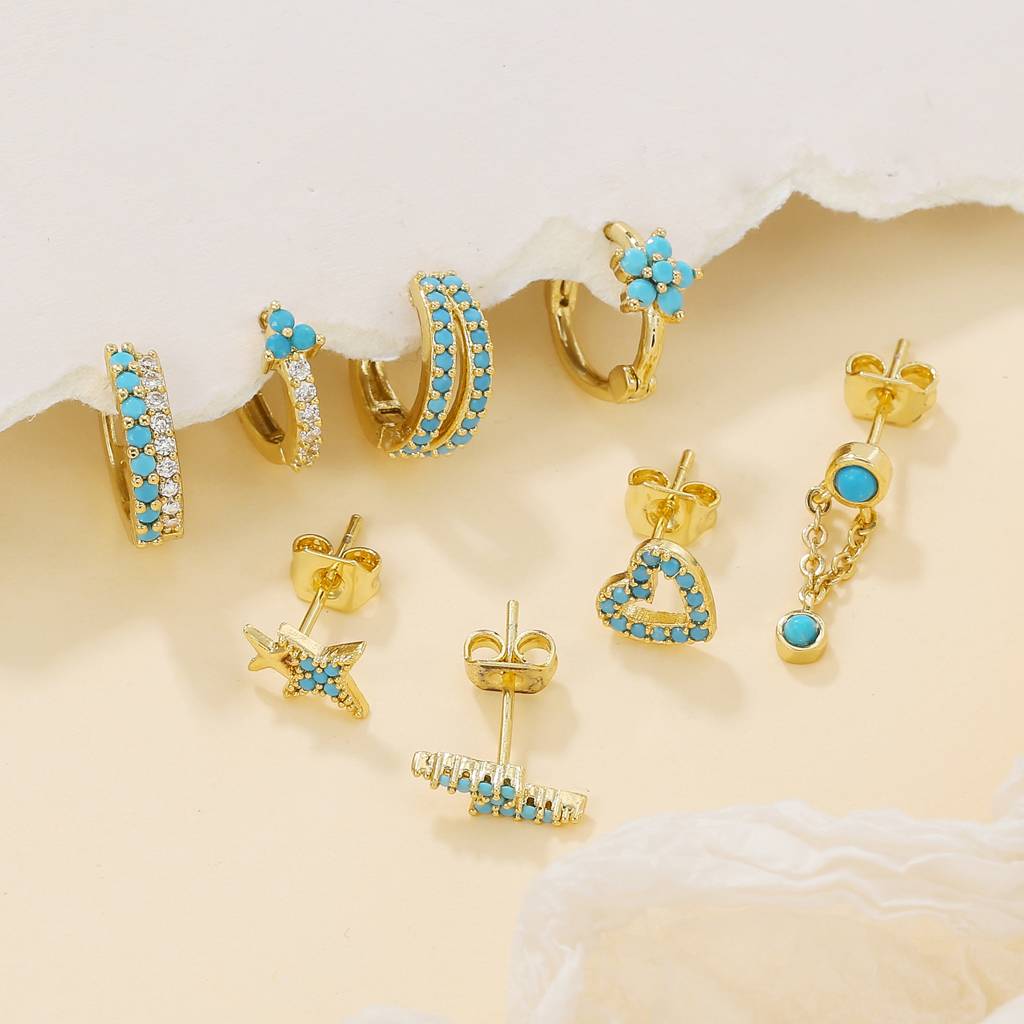 Set Of 8 - 18K Plated Anti-Tarnish Blue Zircon Earring Set For Single Ear Only : AWU0125E544BL