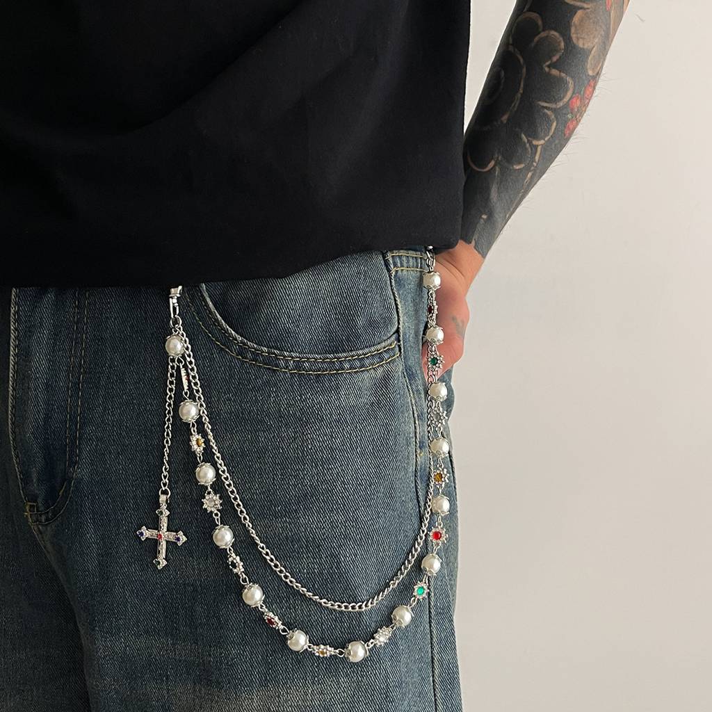 Gold/Silver Plated Anti-Tarnish Two Layer Floral Rhinestone With Pearl Cross Pant Chain : ADN0825WC1755S