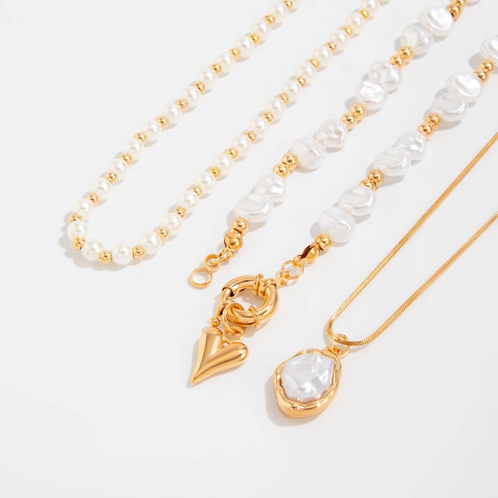 Set Of 3 - Gold Plated Anti-Tarnish Beaded Pearl Layered Necklace : ADN0825N6444