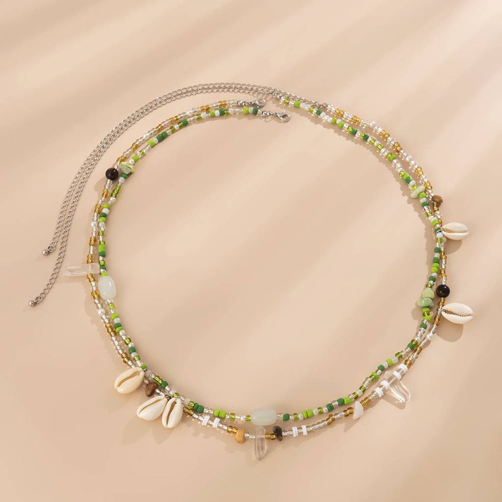Set Of 2 Boho Style Shell With Green & Brown Beads Beaded Waist Chain : AMU0125WC388
