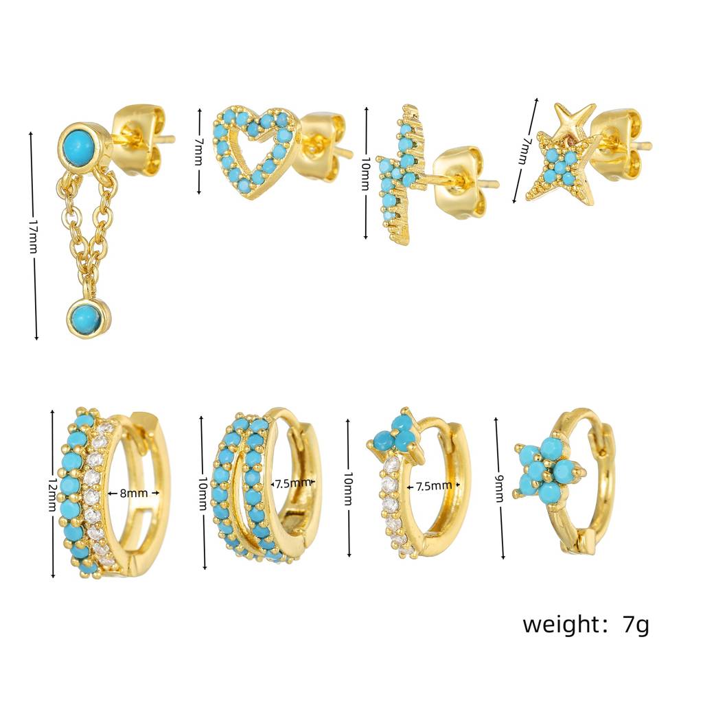 Set Of 8 - 18K Plated Anti-Tarnish Blue Zircon Earring Set For Single Ear Only : AWU0125E544BL