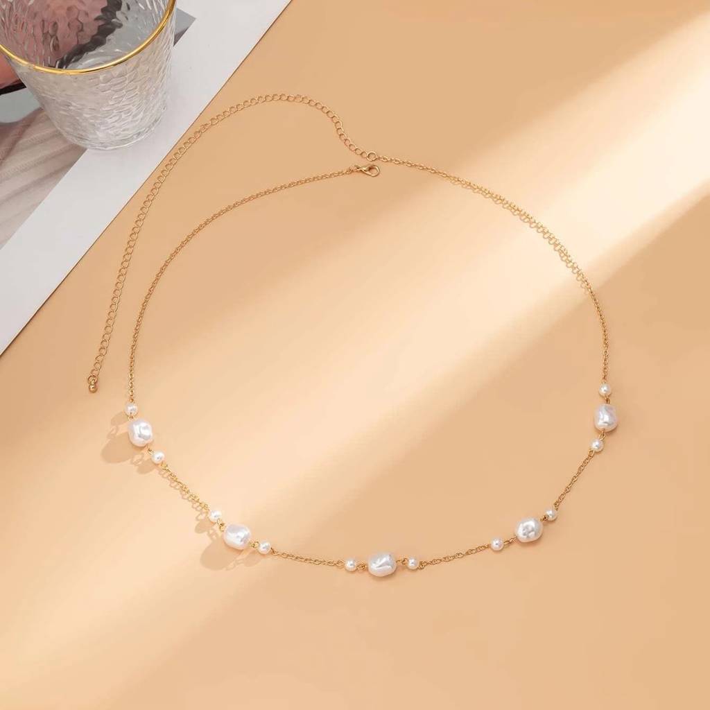 Gold Anti-Tarnish Baroque Pearl Adjustable Waist Chain For Beachwear And Parties : ADN0525WC379GWH