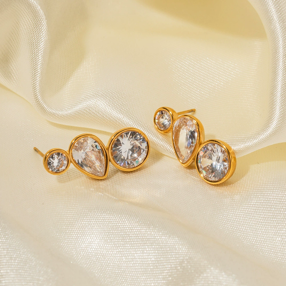 18K Gold Plated Anti-Tarnish Triple Oval Zircon Drop Earrings : ALL0725E664G