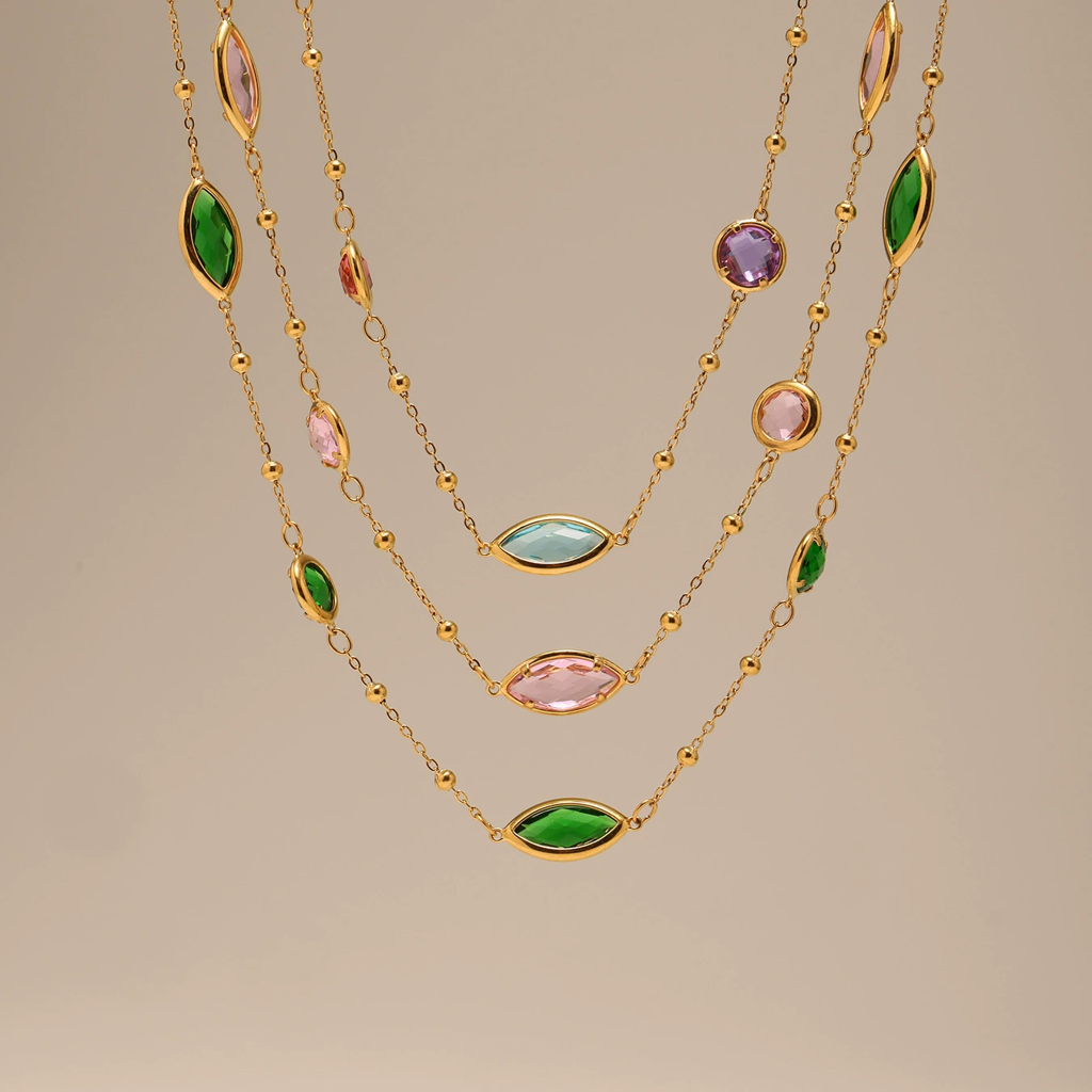 18K Gold Plated Anti-Tarnish Glass Stone Chain Necklace : ALL0725N285MC