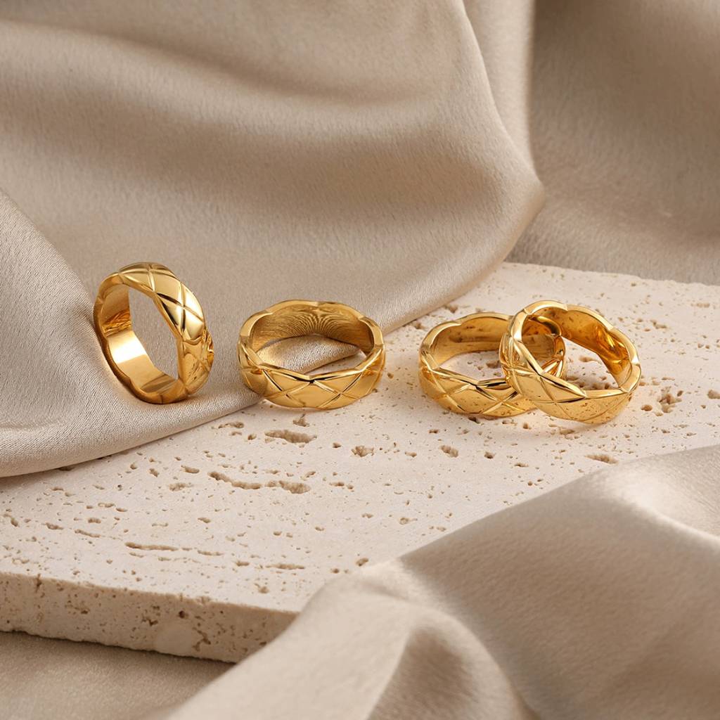 Mens 18K Gold Plated Waterproof Anti-Tarnish Quilt Design Ring : AFC0125R098N_6_M