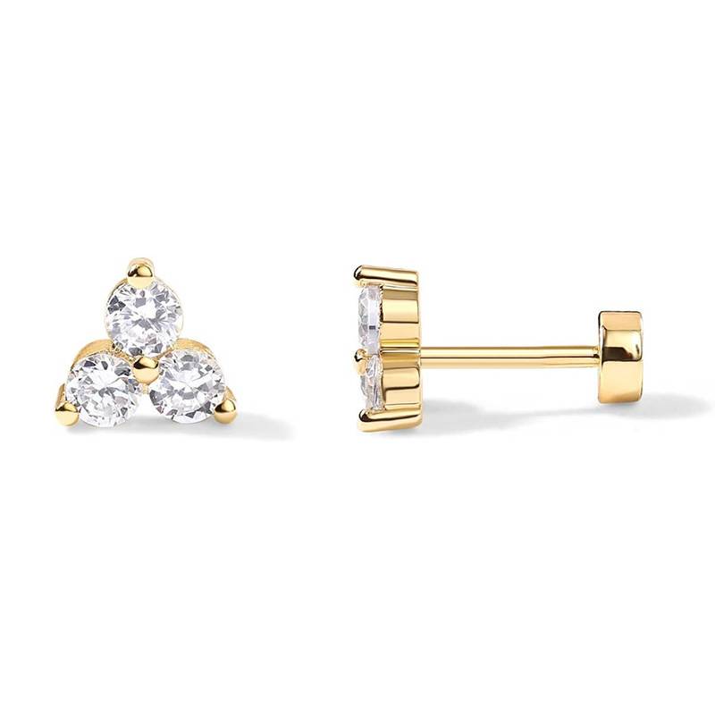 14K Gold Plated Anti-Tarnish  3 Diamond Zircon Flat Back Stud Earrings : AXY0925E1069