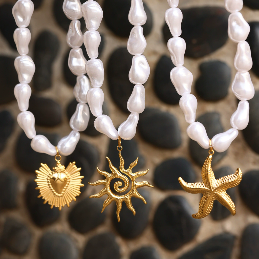 18K Gold Plated Waterproof Anti-Tarnish Baroque Pearl Sun Pendant Necklace : AFT0725N284GWH