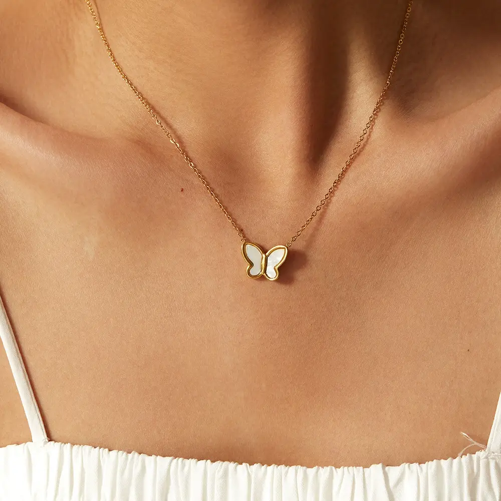 18K Gold Plated Waterproof Antitarnish White Shell Butterfly Pendant Necklace : ANX0125PN213