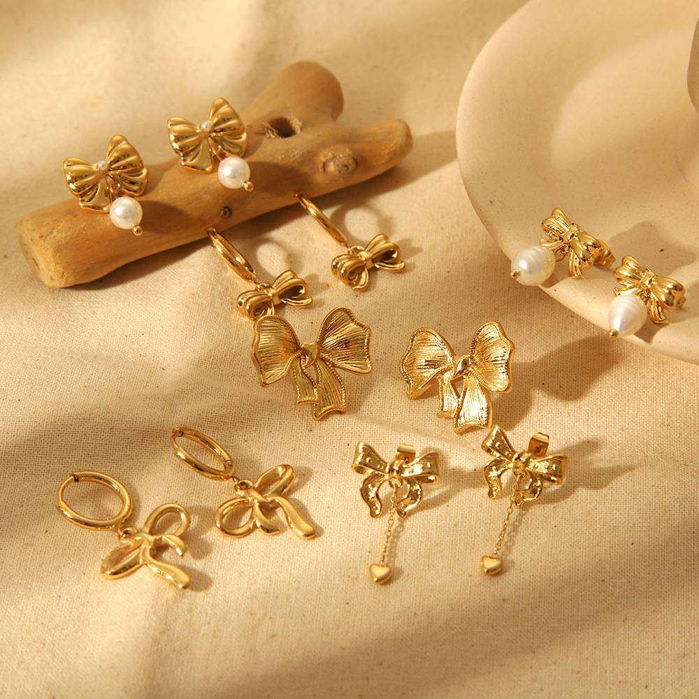 18K Gold Plated Waterproof Anti-Tarnish Bow Drop Huggie Earrings : ANX0125E354