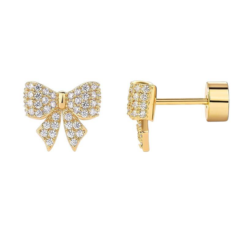 14K Gold Plated Anti-Tarnish Bow Zircon Flat Back Stud Earrings : AXY0925E1076