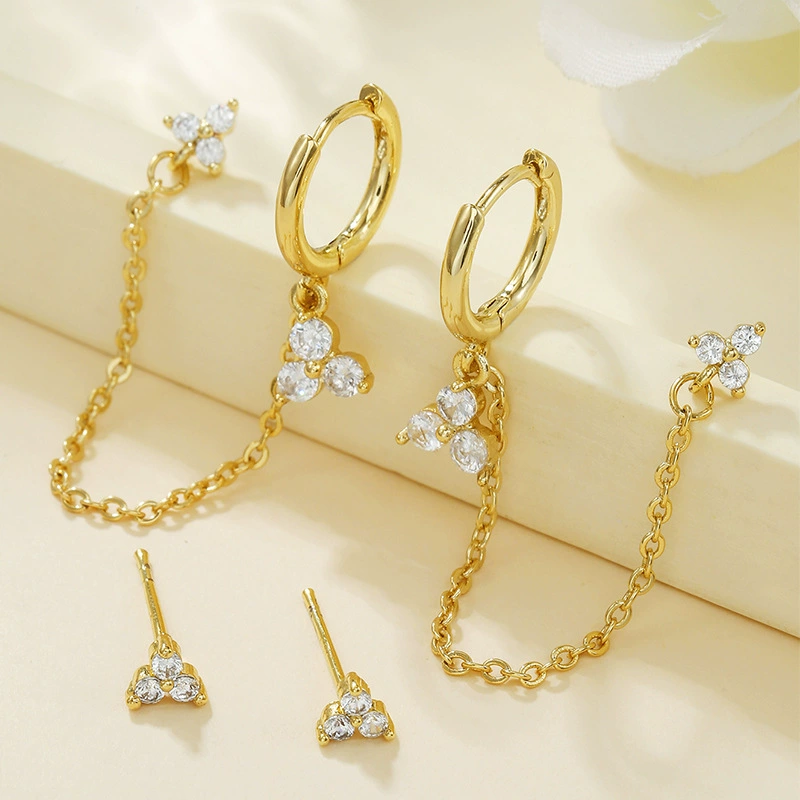 18K Gold Plated Anti-Tarnish White Zircon Ear Chain Earring Set : AWU0125E436