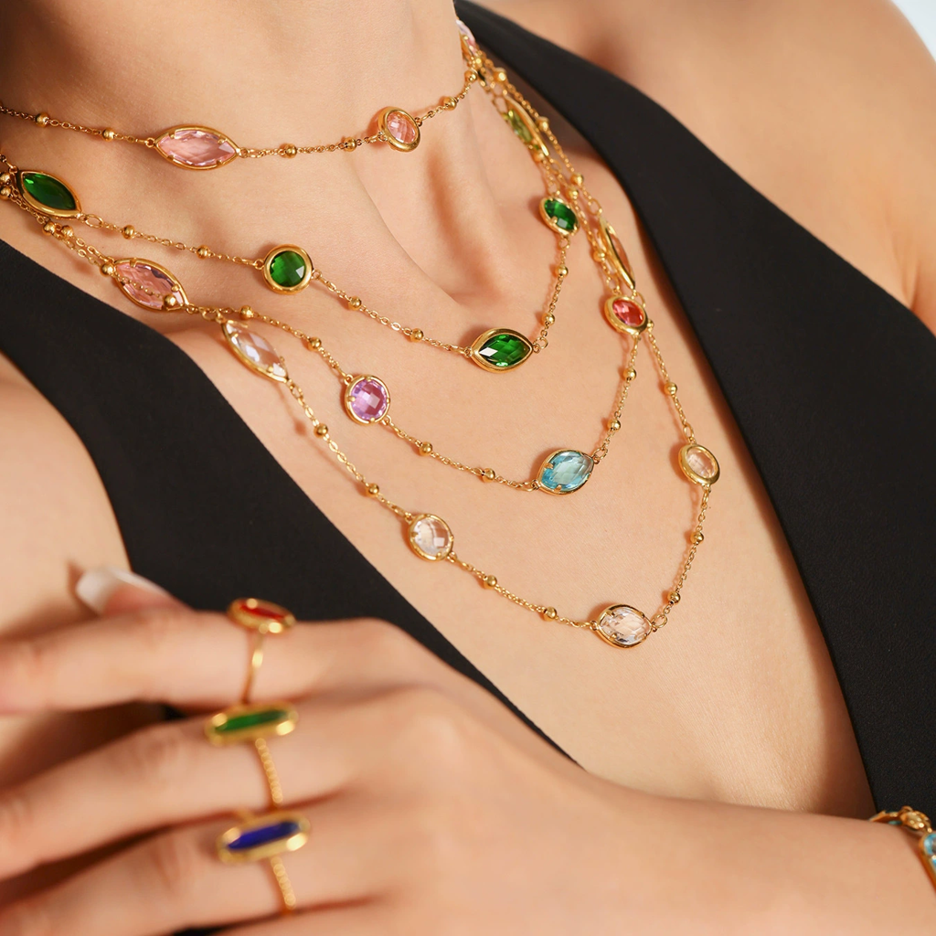 18K Gold Plated Anti-Tarnish Glass Stone Chain Necklace : ALL0725N285MC