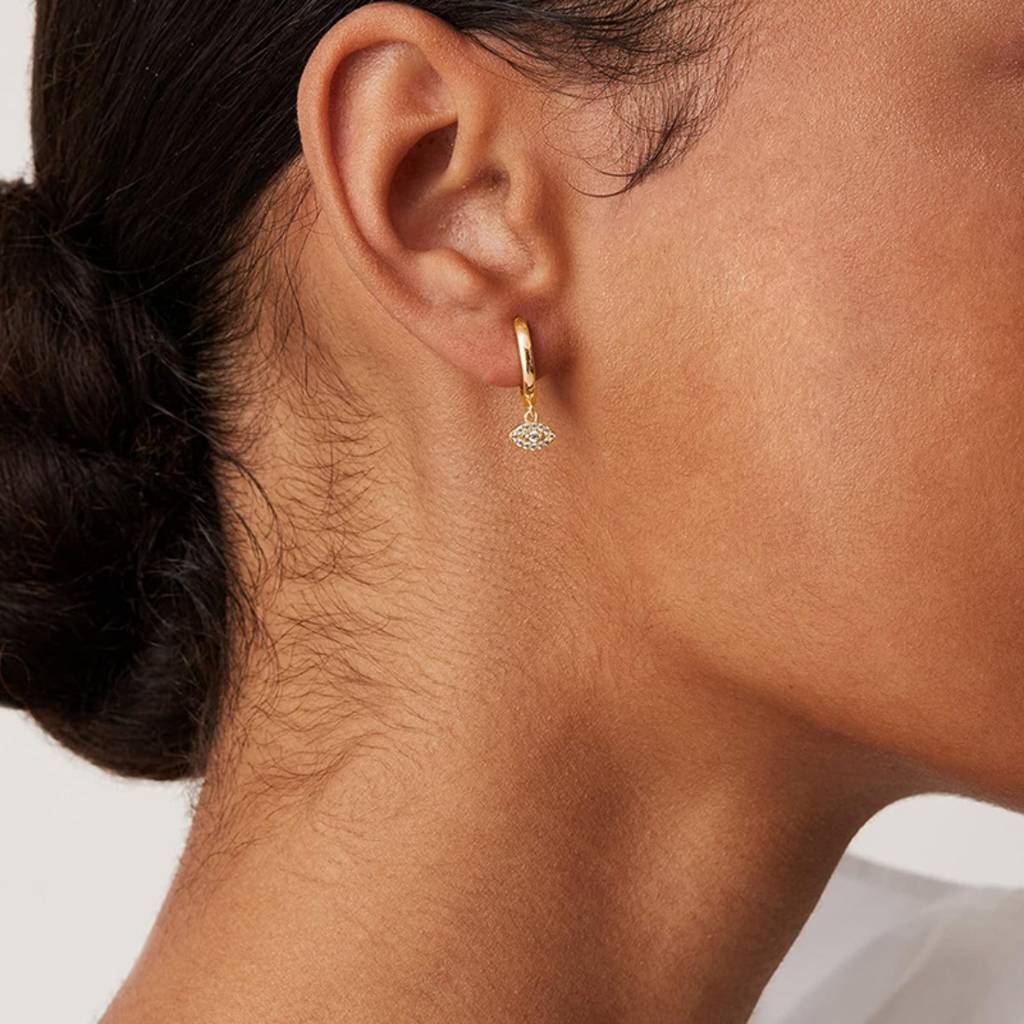 14K Gold Plated Hoops With Evil Eye Shaped Drop Earrings With Zircon Stones : AXY1124E1013